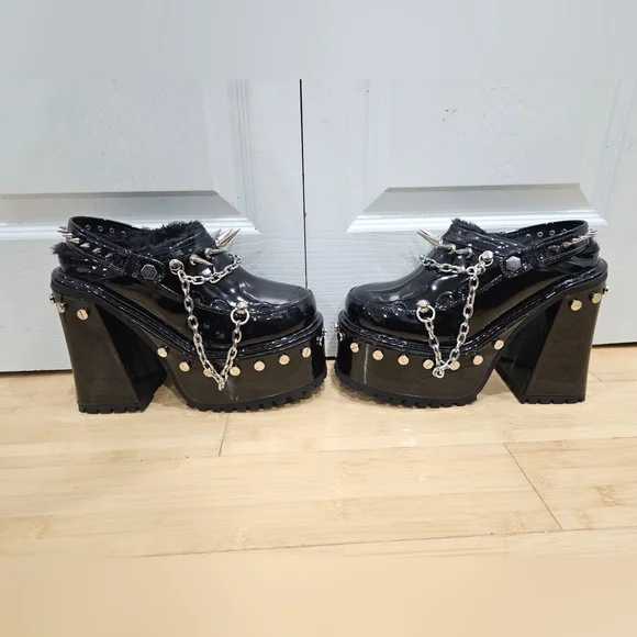 Dolls Kill Widow Black Silver Spiked Righteous Rebel Platform Mules Heels 8 9 - Picture 11 of 11